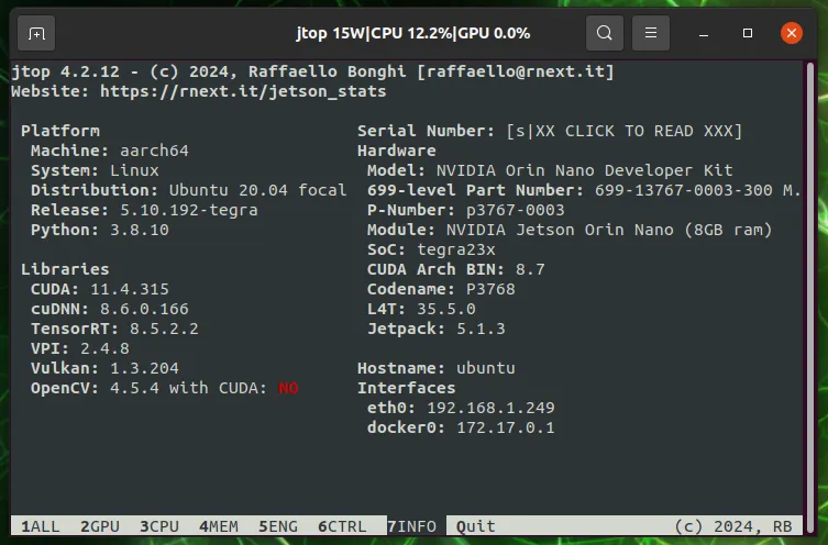 jtop info page showing JetPack, CUDA, TensorRT, and system versions