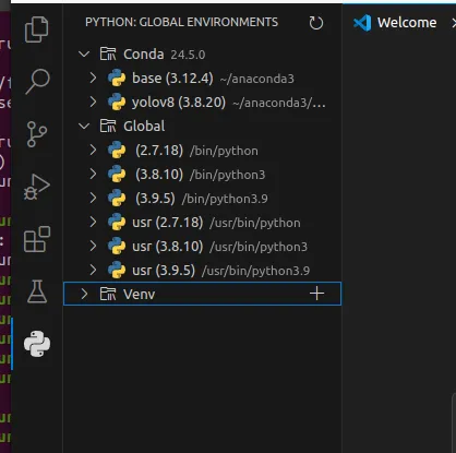 VS Code Python environments showing the conda yolov8 environment
