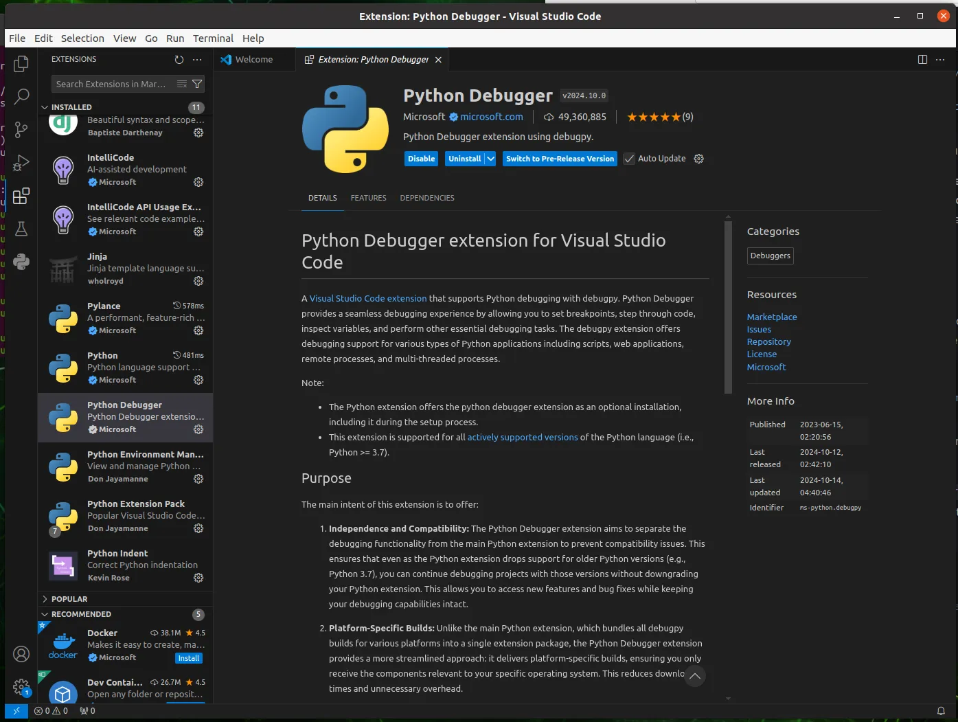 Python-related VS Code extensions installed on Jetson